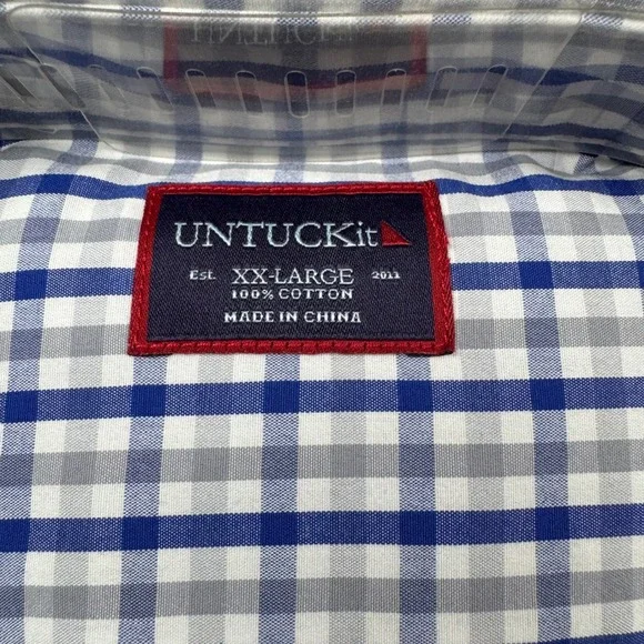 Untuckit Almaden Shirt XXL Regular Fit Blue Gray Check Cotton Button-Down - Picture 2 of 4